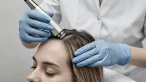 Profissional da área capilar utiliza um tricoscópio para examinar de perto o couro cabeludo de uma cliente, em um ambiente clínico e acolhedor.