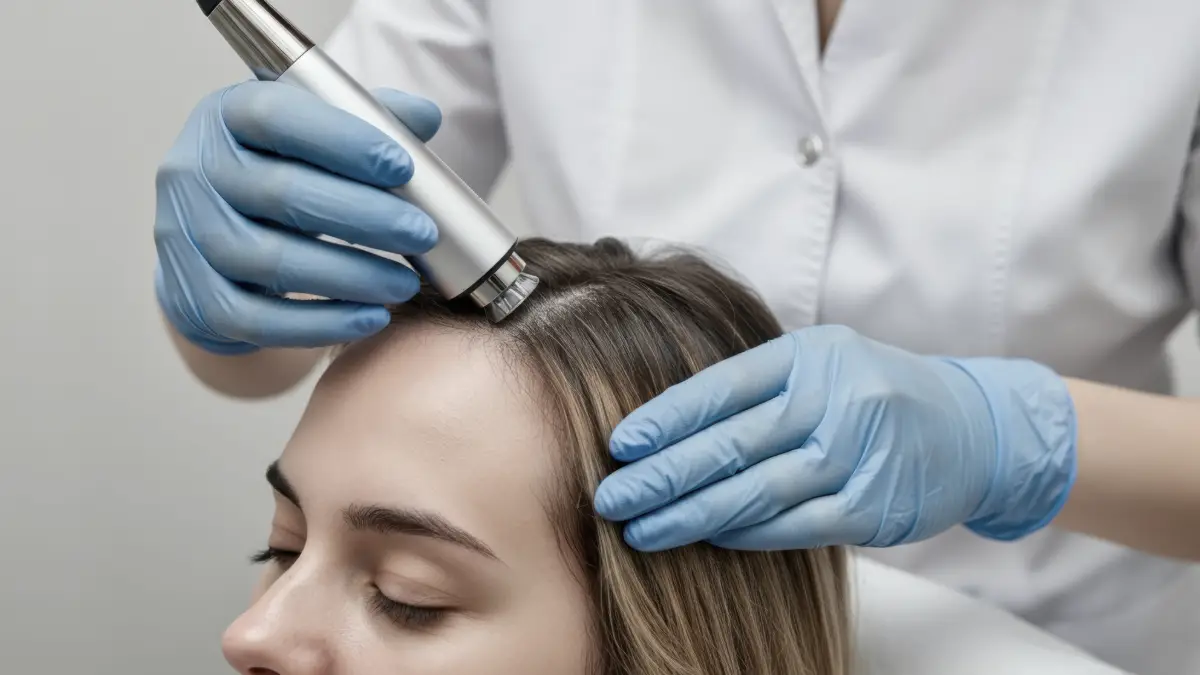 Profissional da área capilar utiliza um tricoscópio para examinar de perto o couro cabeludo de uma cliente, em um ambiente clínico e acolhedor.