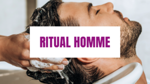 Homem recebendo lavagem capilar no lavatório, com o texto "Ritual Homme" sobreposto em roxo sobre fundo branco.